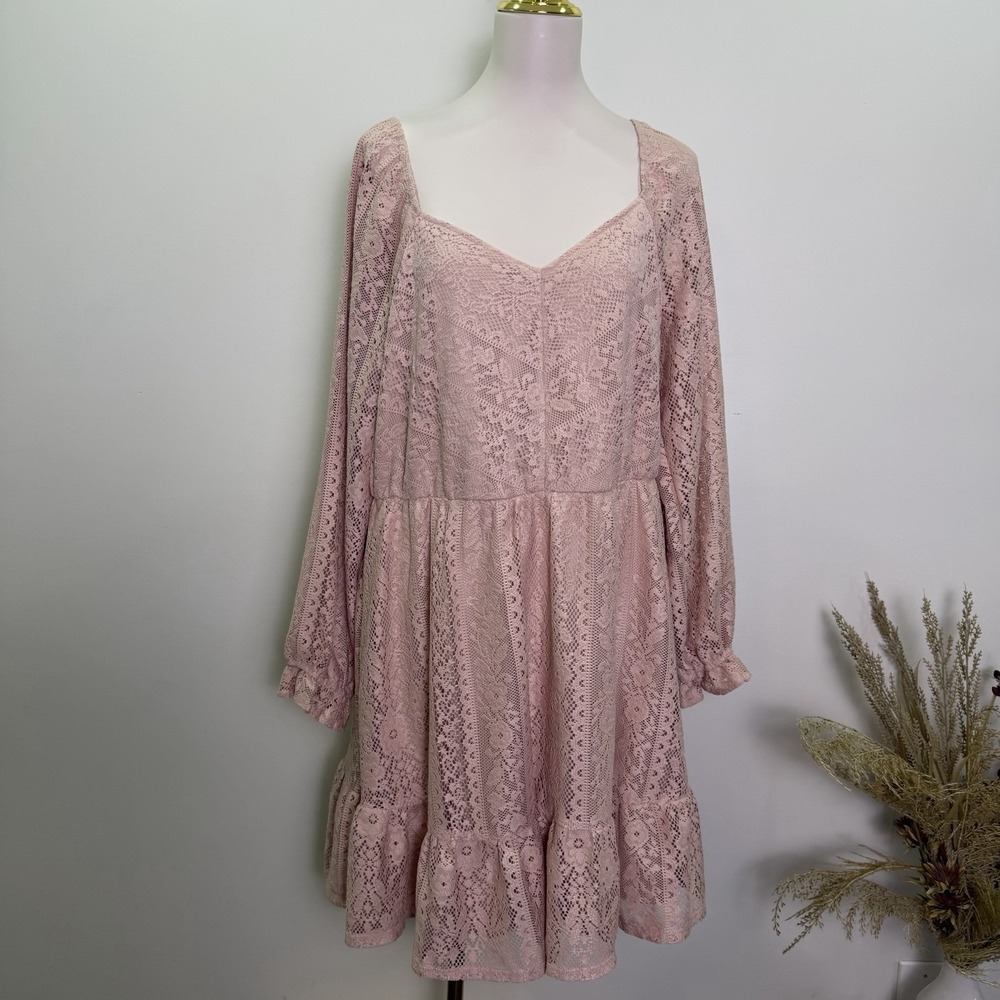 LC Lauren Conrad NWT Dusty Pink Lace Mini Dress Smocked Back Long Sleeve XXL